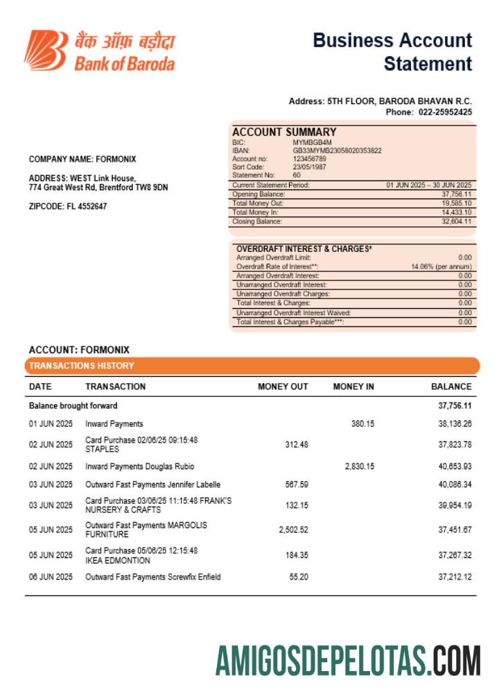 Realista Bob Bank Of Boroda Bank Organization Checking modelo de extrato de conta Word e PDF